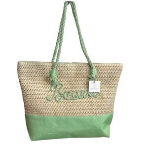 Beach Tote Green and Tan Raffia and Canvas‎
